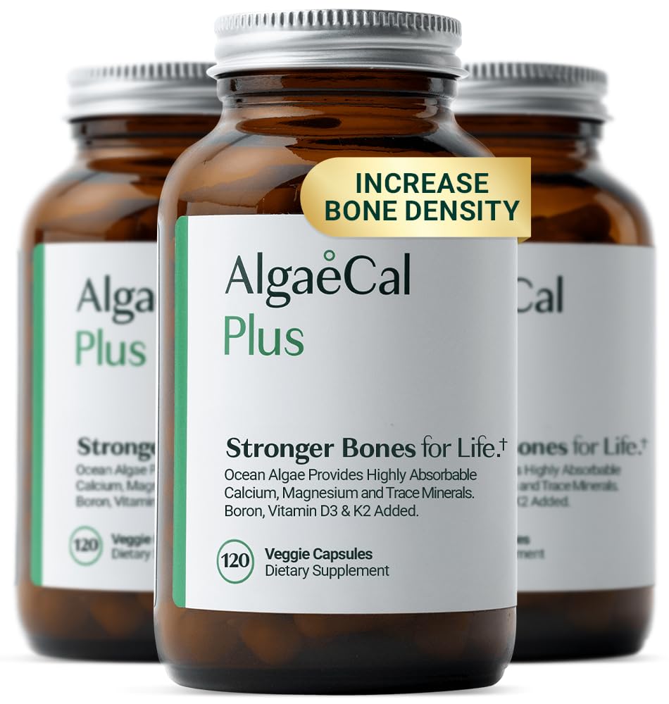 ALGAECAL Organic Red Algae Calcium Supplement for Bone Density, Vitamin K2 MK7 (100mg), Vitamin D3 (1600 IU), Magnesium (350mg) & Trace Minerals & Strength, Easy to Swallow, 120 Veggie Caps