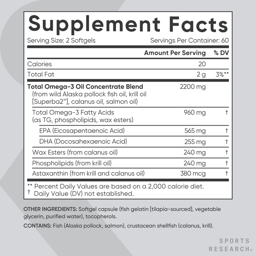 Sports Research® Total Omega-3 Fish Oil 2200mg - Made from Antarctic Krill w/Astaxanthin, Wild Sockeye Salmon & Alaska Pollock - 960mg of EPA & DHA - 120 Softgels