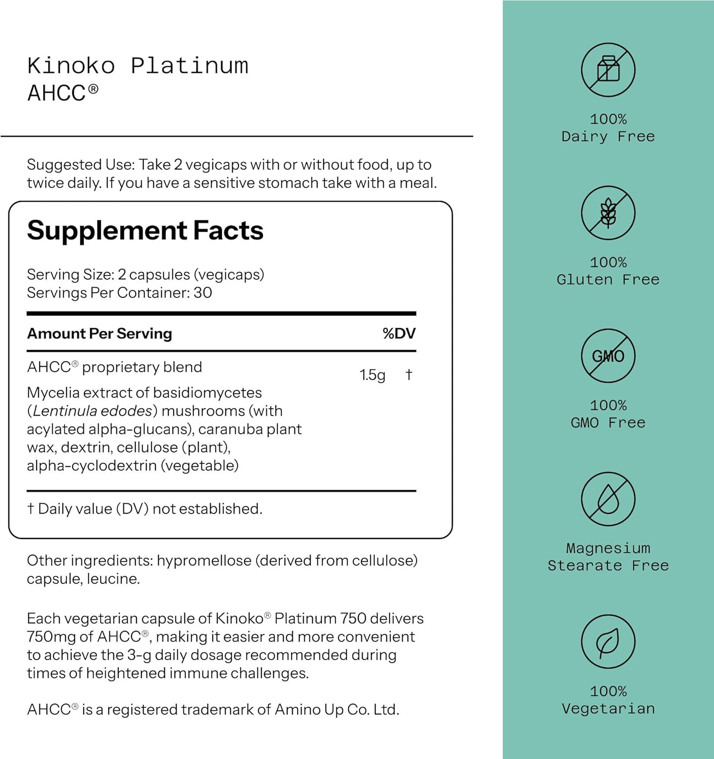 Quality of Life Premium Kinoko Platinum AHCC Herbal Supplement 60 Vegicaps