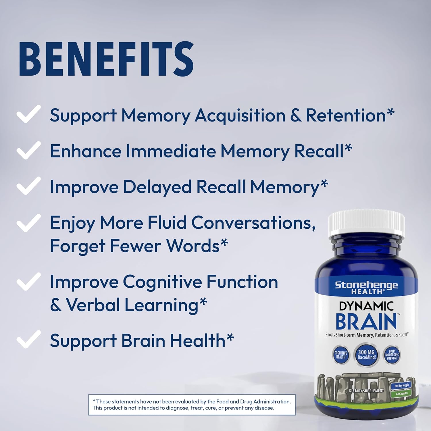 Stonehenge Health Dynamic Brain Supplement – New Formula with BacoMind for Memory Acquisition, Retention, & Recall with 40 Unique Nootropic: Choline, Phosphatidylserine, and Huperzine A
