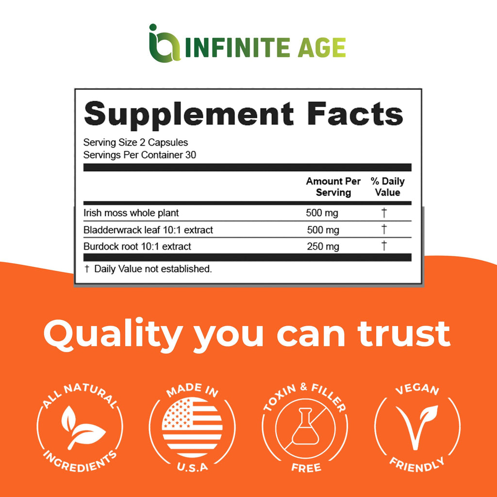 INFINITE AGE 1250mg Sea Moss Advanced Superfood Capsules, 60 Count - High-Potency, Vegan, Made in The USA - Irish Seamoss, Bladderwrack, Burdock Root - Overall Health, Immunity Support