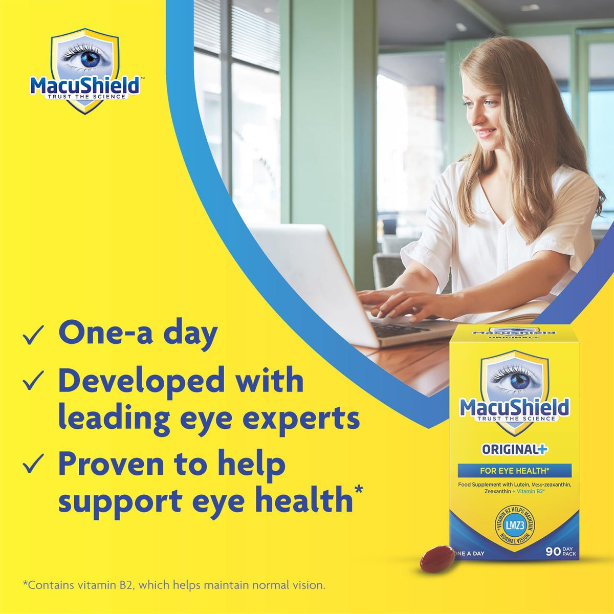 MacuShield Original+ For Eye Health - Food Supplement with Lutein, Meso-Zeaxanthin, Zeaxanthin & Vitamin B2 (90 Day Pack)