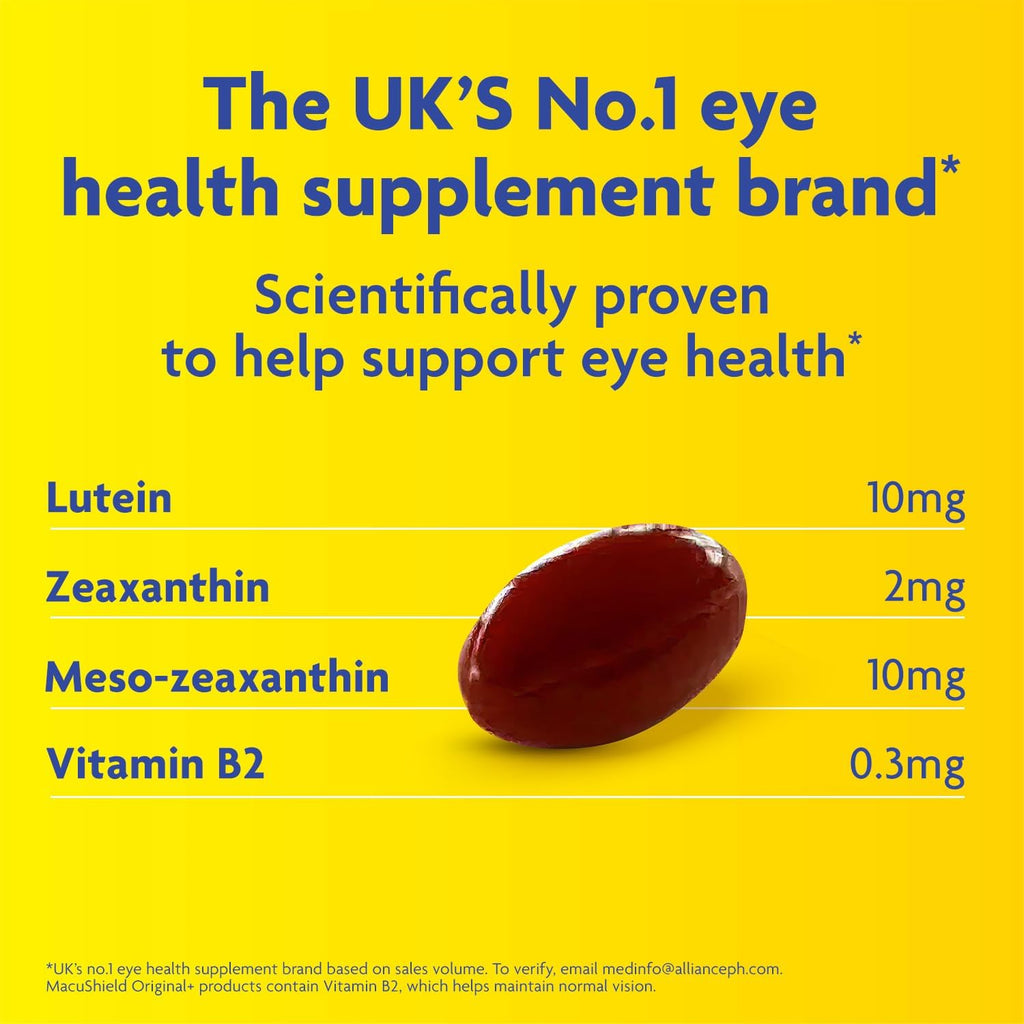 MacuShield Original+ For Eye Health - Food Supplement with Lutein, Meso-Zeaxanthin, Zeaxanthin & Vitamin B2 (90 Day Pack)