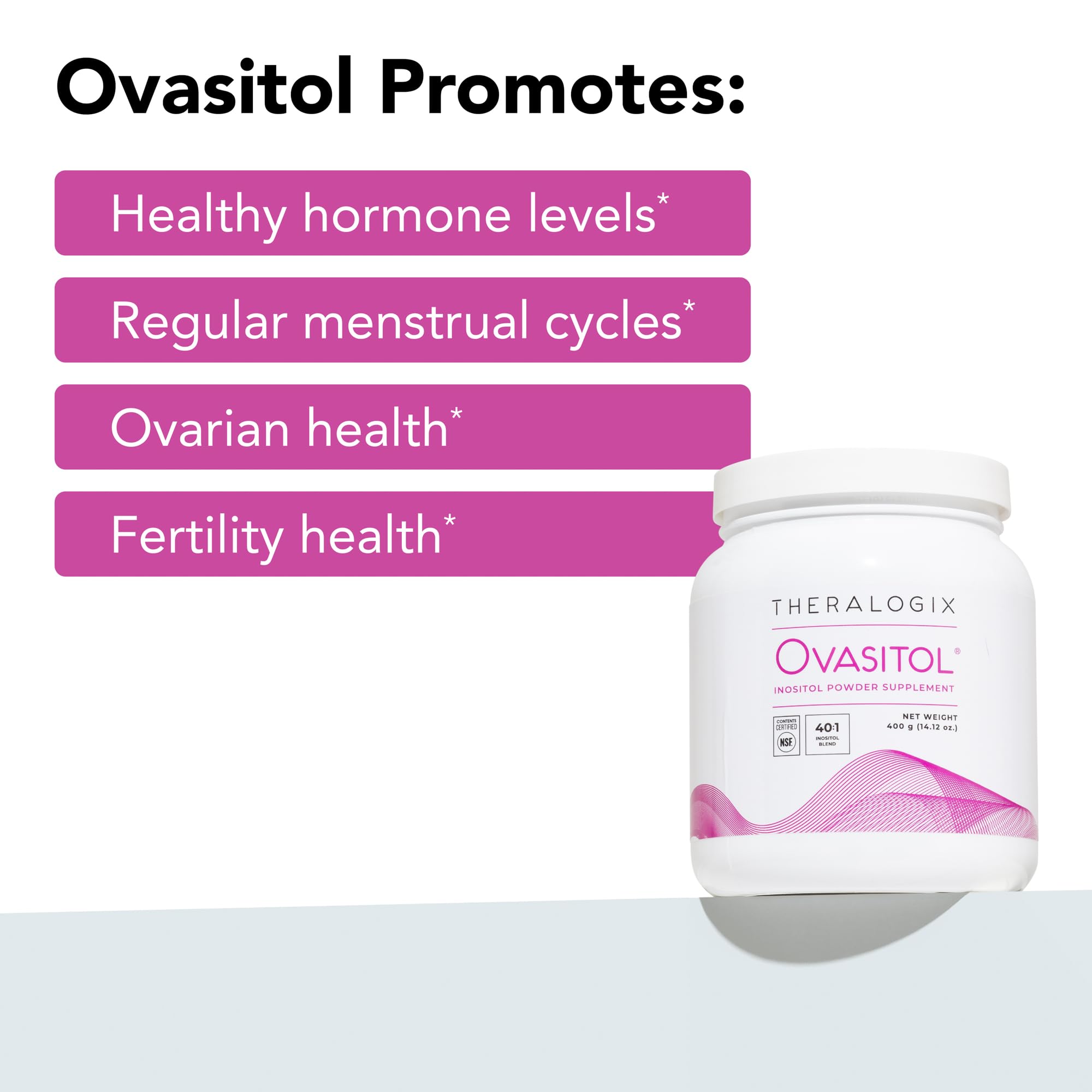Theralogix Ovasitol Inositol Powder - 90-Day Supply - Myo-Inositol & D-Chiro Inositol for Hormone Balance & Ovarian Function Support* - NSF Certified - 400 g (180 Servings)