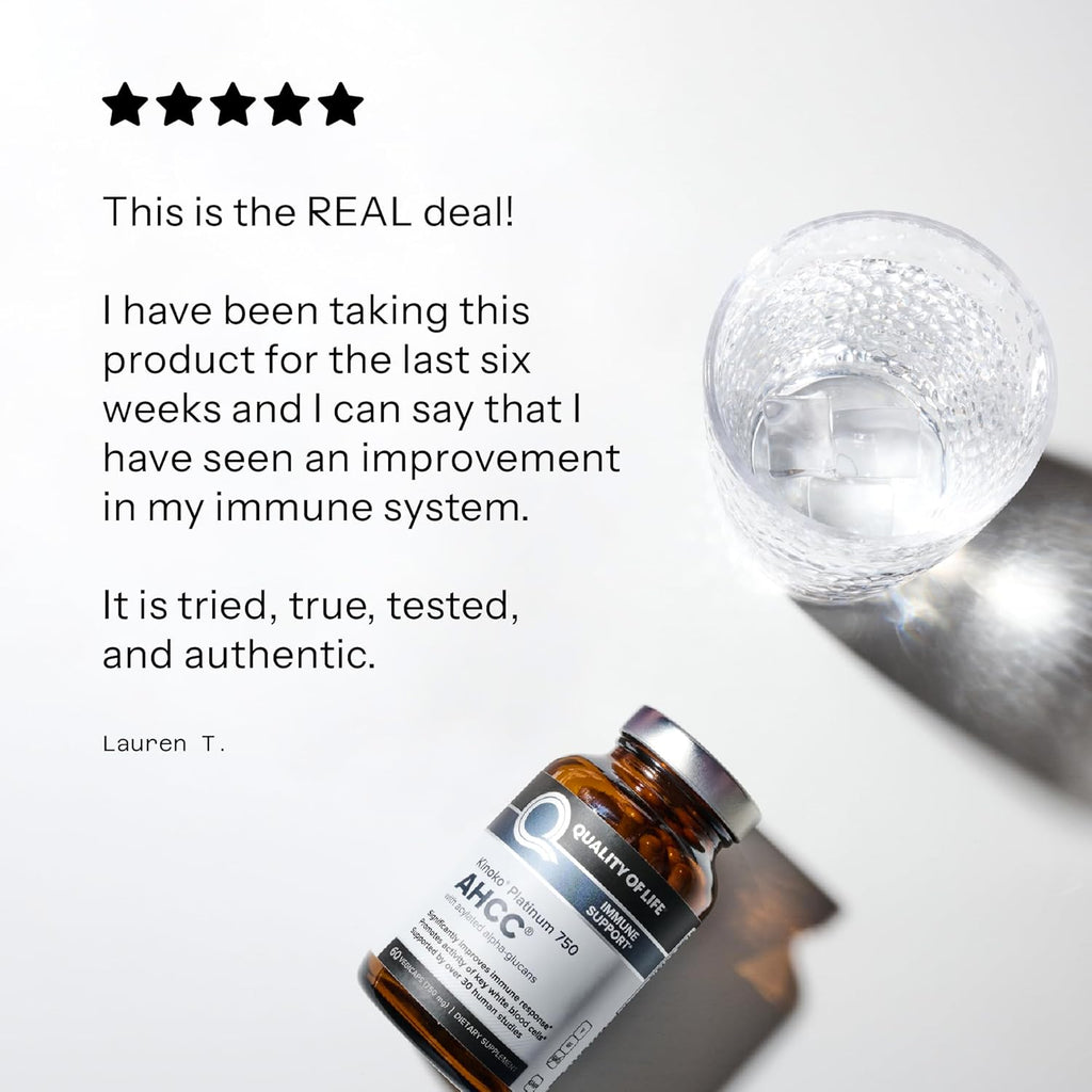 Quality of Life Premium Kinoko Platinum AHCC Herbal Supplement, 750mg per Capsule, for Immune Support, Liver Function, Maintains Natural Killer Cell Activity, Pack of 1, 60 Veggie Capsules