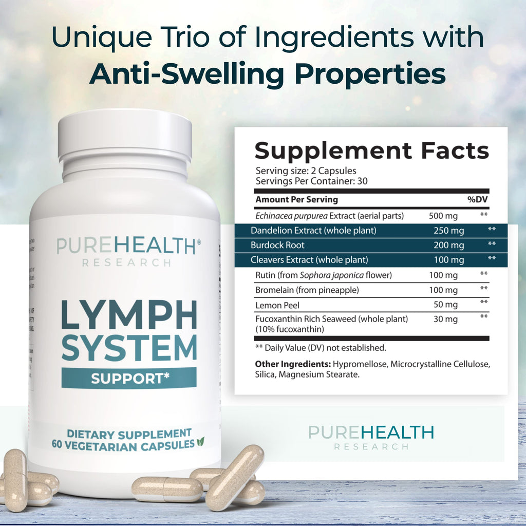 PUREHEALTH RESEARCH Lymph System Support Supplement - Lymphatic Drainage Supplement with Dandelion Extract, Cleavers, Burdock Powder - Reduce Swelling and Cleanse Lymph - 1 Bottle, Brown