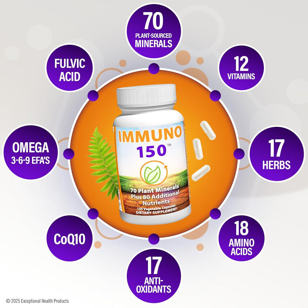 Immuno150 Immune Support Supplement, 150 Vegetable Capsules - Immunity Boost Packed with 70 Trace Minerals, 13 Essential Vitamins, Antioxidants, Herbs & Amino Acids - Immune System Booster for Adults