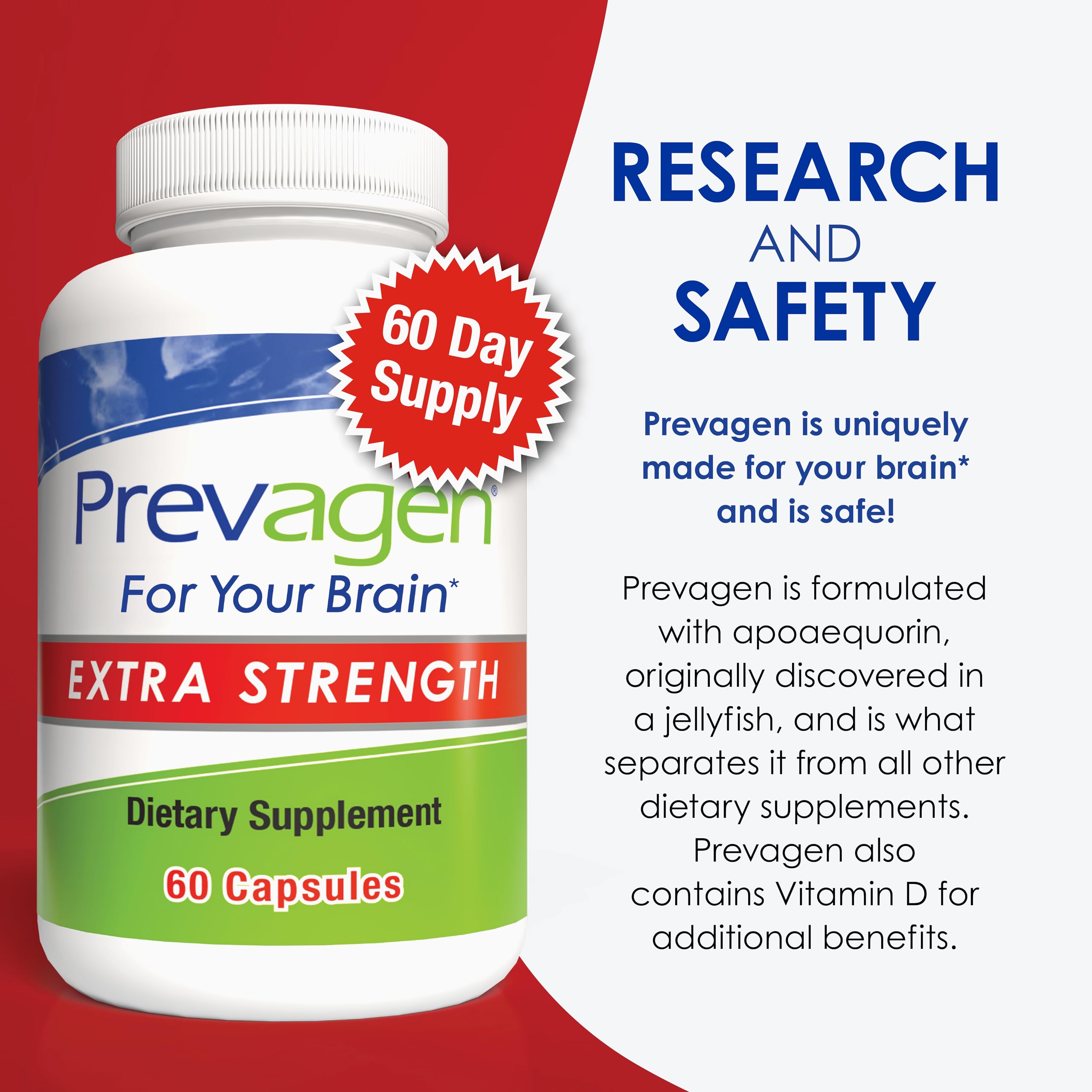 Prevagen Extra Strength 20mg, 60 Capsules with Apoaequorin & Vitamin D with Attractive and Stackable Prevagen Storage Box