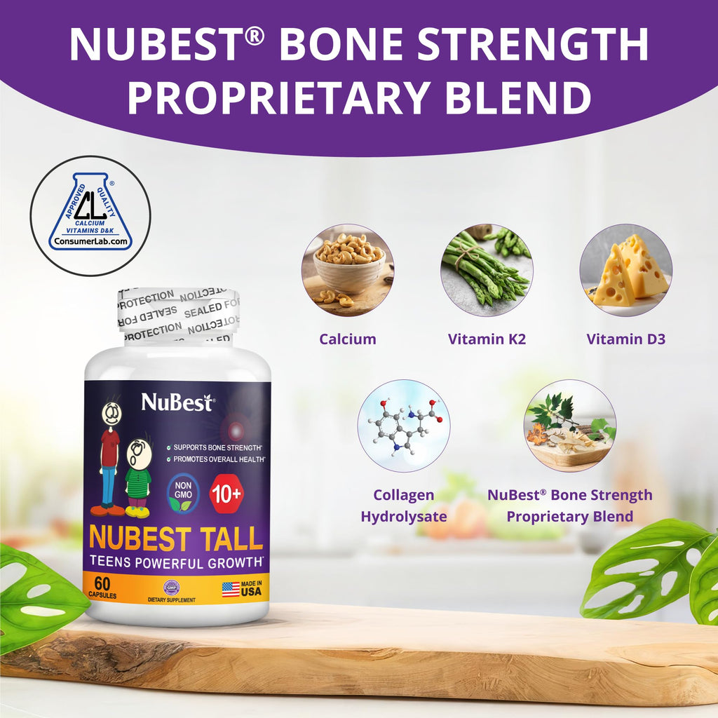 NuBest Tall 10+ Premium Bone Strength Formula, Enhanced Immunity and Overall Health for Age 10+ - Who Drink Milk Daily with Calcium, Vitamin D3, Vitamin K2, and Multivitamins - 60 Capsules