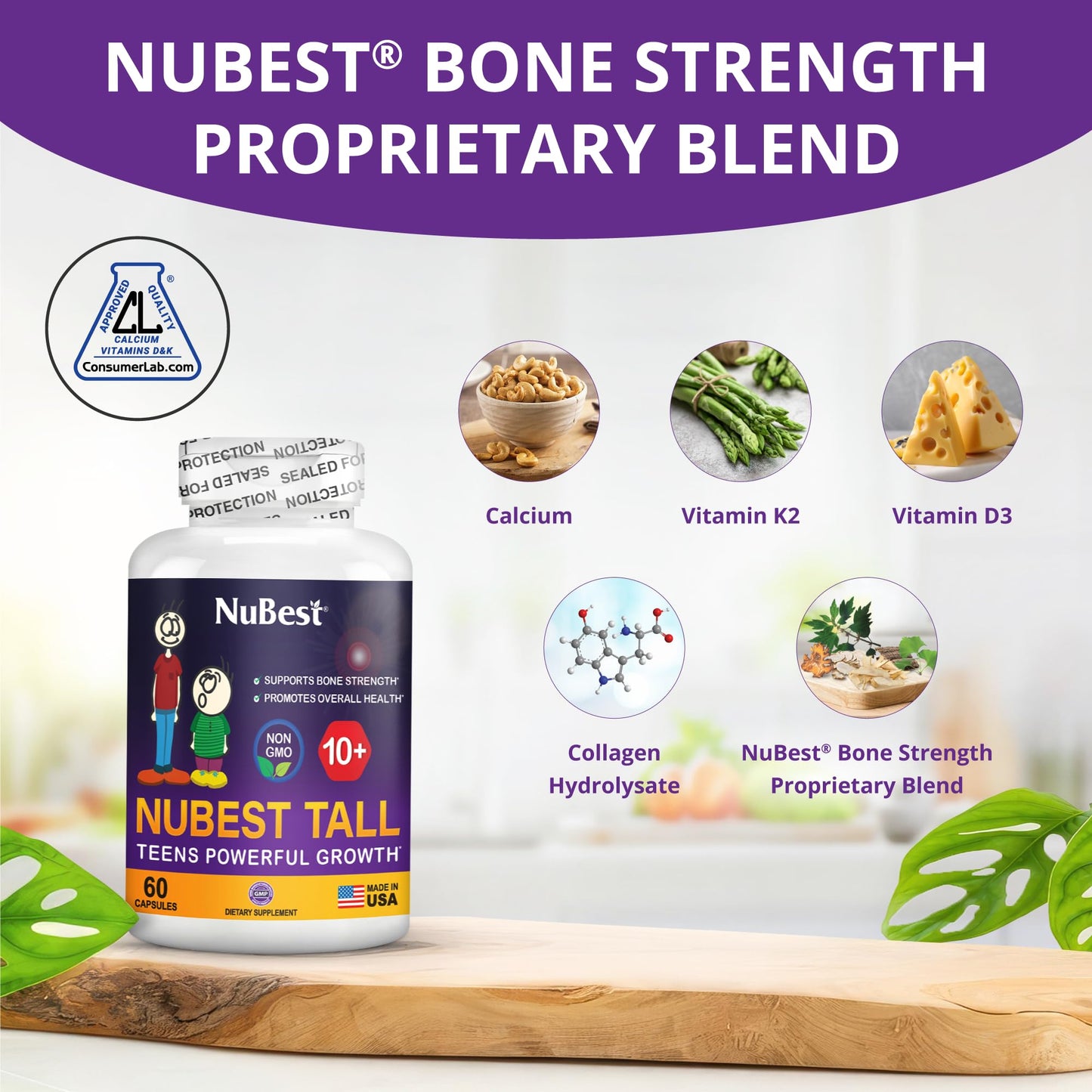NuBest Tall 10+ Premium Bone Strength Formula, Enhanced Immunity and Overall Health for Age 10+ - Who Drink Milk Daily with Calcium, Vitamin D3, Vitamin K2, and Multivitamins - 60 Capsules