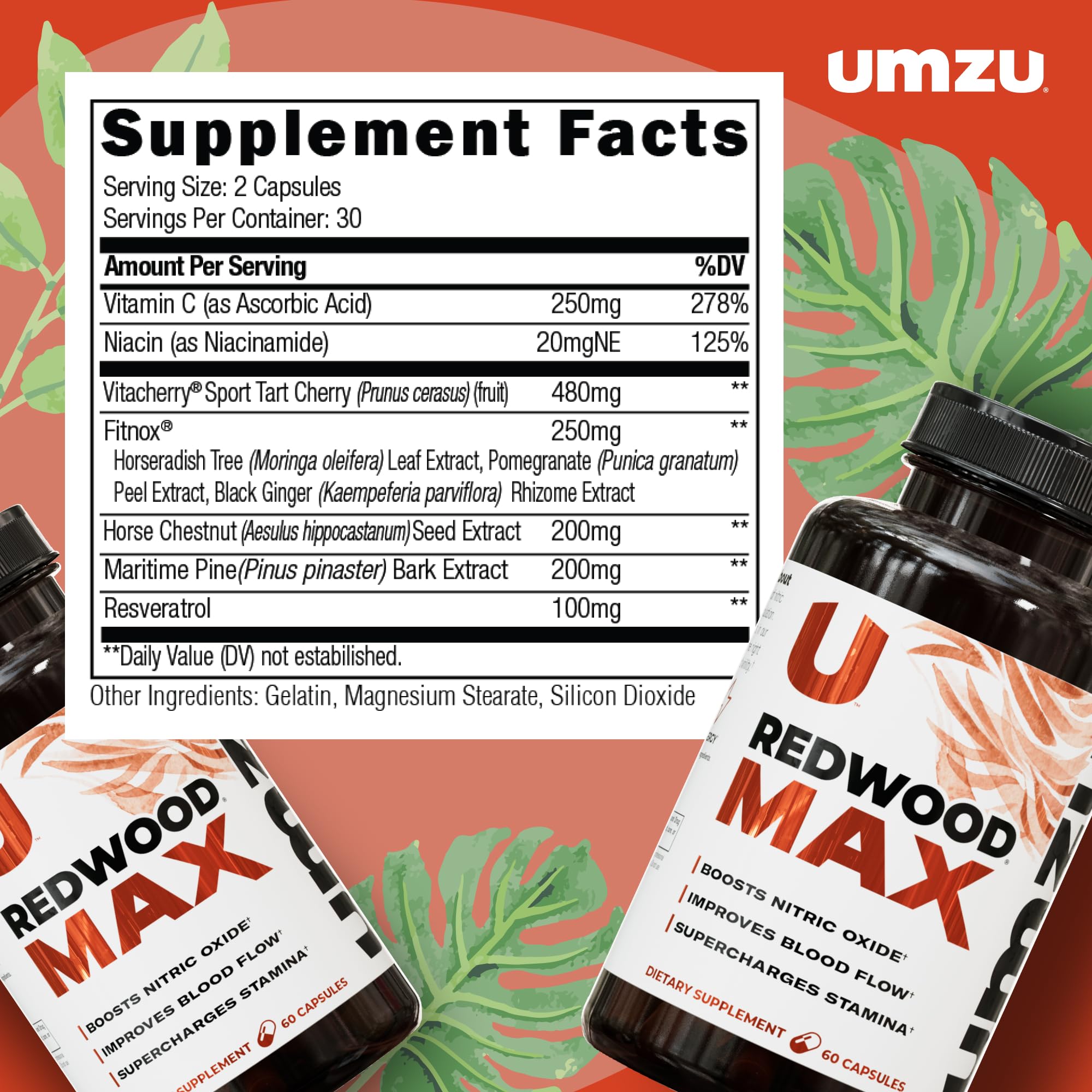 UMZU Redwood Max Nitric Oxide Booster, 1-Month Supply – Advanced Nitric Oxide Supplement with Fitnox Blend, Pine Bark, Resveratrol & Tart Cherry – Promotes Healthy Circulation, Energy and Recovery