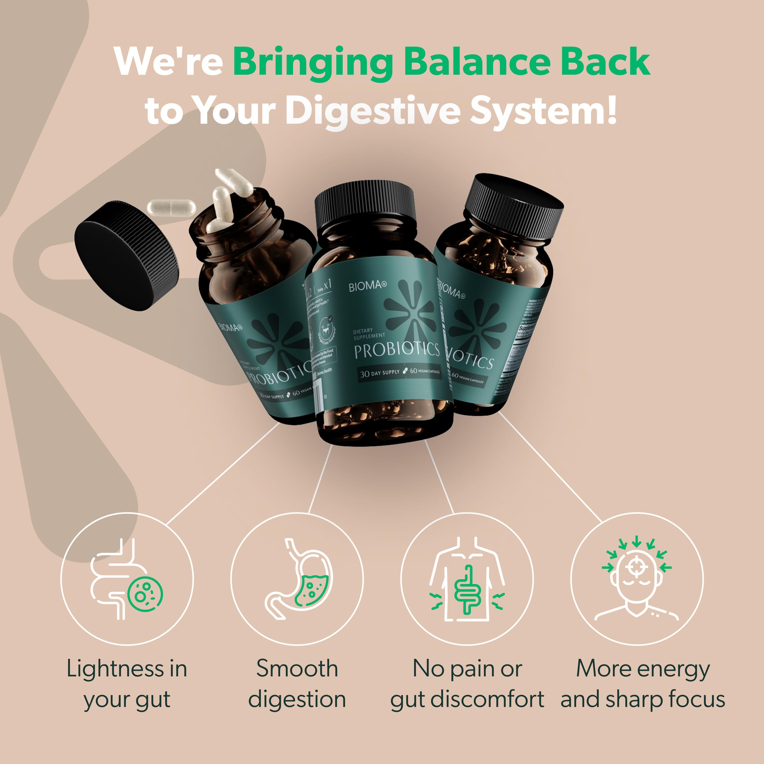 BIOMA Probiotics for Digestive Health & Weight Management – 3-in-1 Gut Support (60 Capsules)