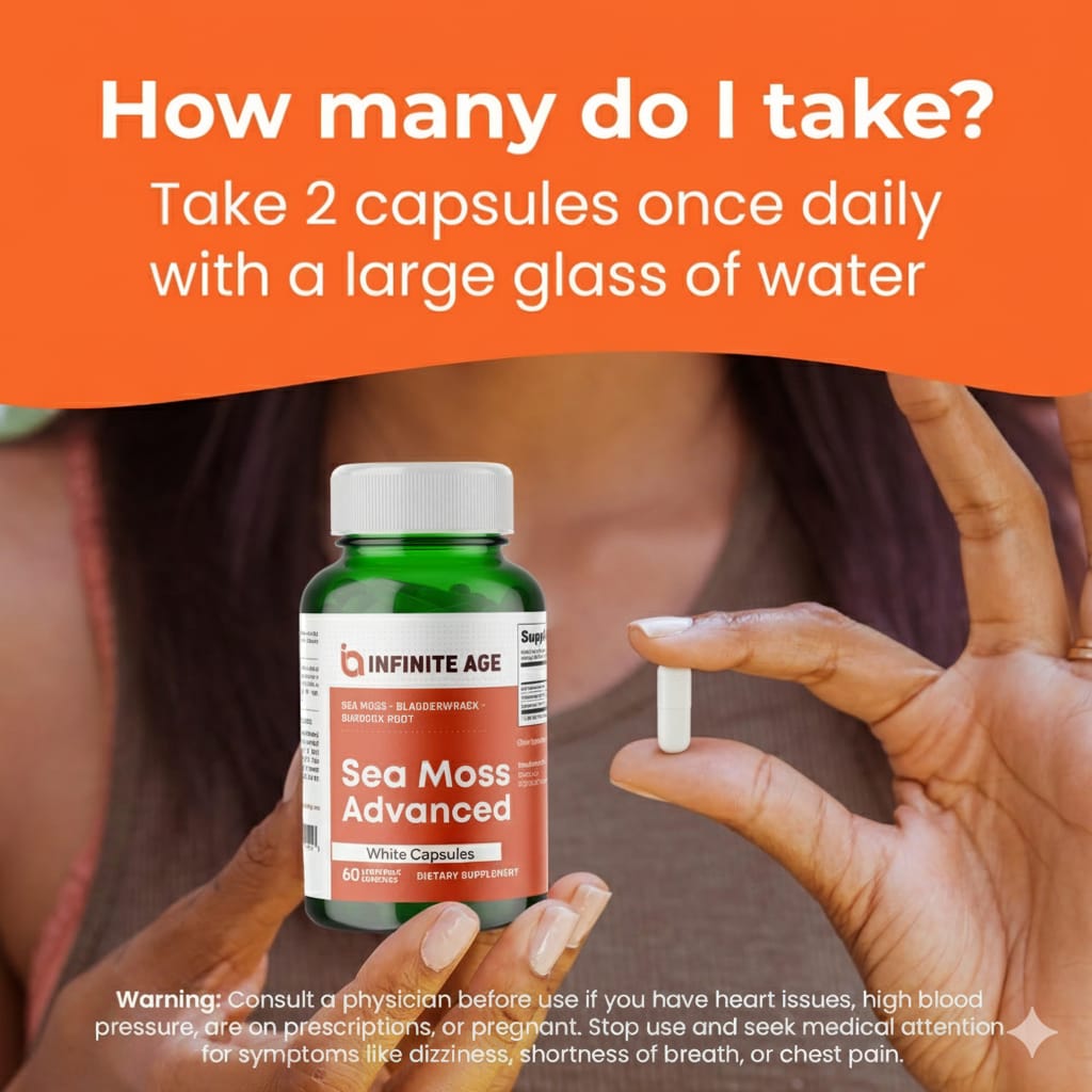 INFINITE AGE 1250mg Sea Moss Advanced Superfood Capsules, 60 Count - High-Potency, Vegan, Made in The USA - Irish Seamoss, Bladderwrack, Burdock Root - Overall Health, Immunity Support