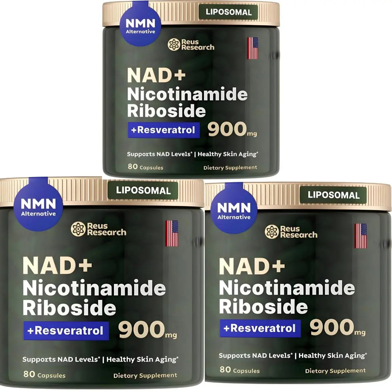 Reus Research Nicotinamide Riboside 900mg Pack of 3, NAD+ Supplement NMN Supplement Alternative, NAD Supplement for Anti-Aging, Energy, Focus - 100 Capsules - Jia Sales