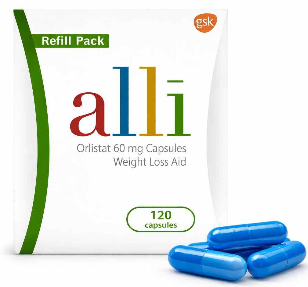 alli weight loss aid refill pack with blue capsules on a white background